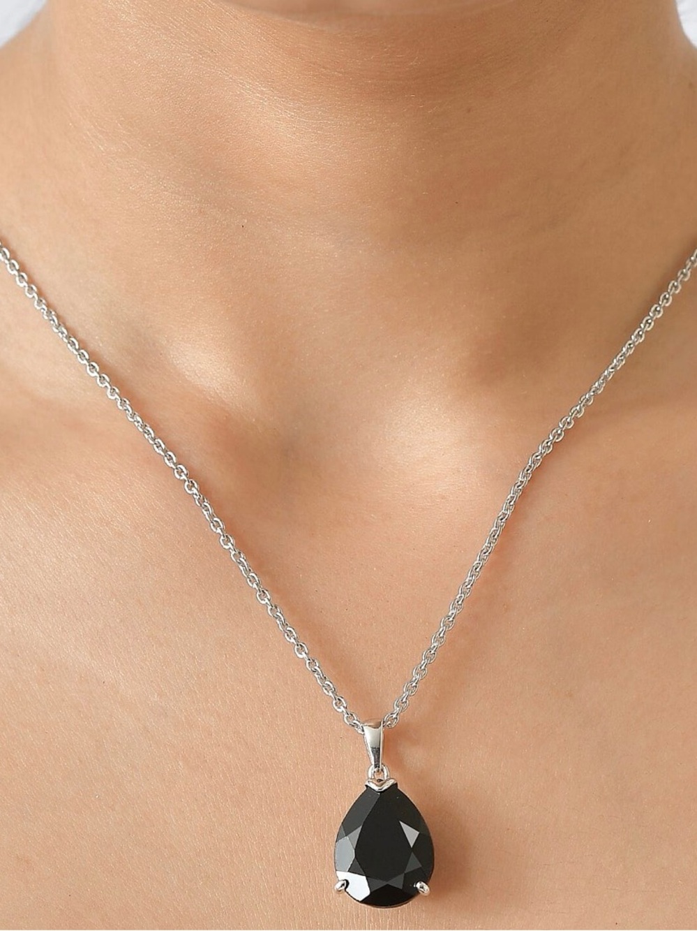 Sterling Silver Teardrop Black Thai Spinel 5ctw Pendant w 20 inch chain